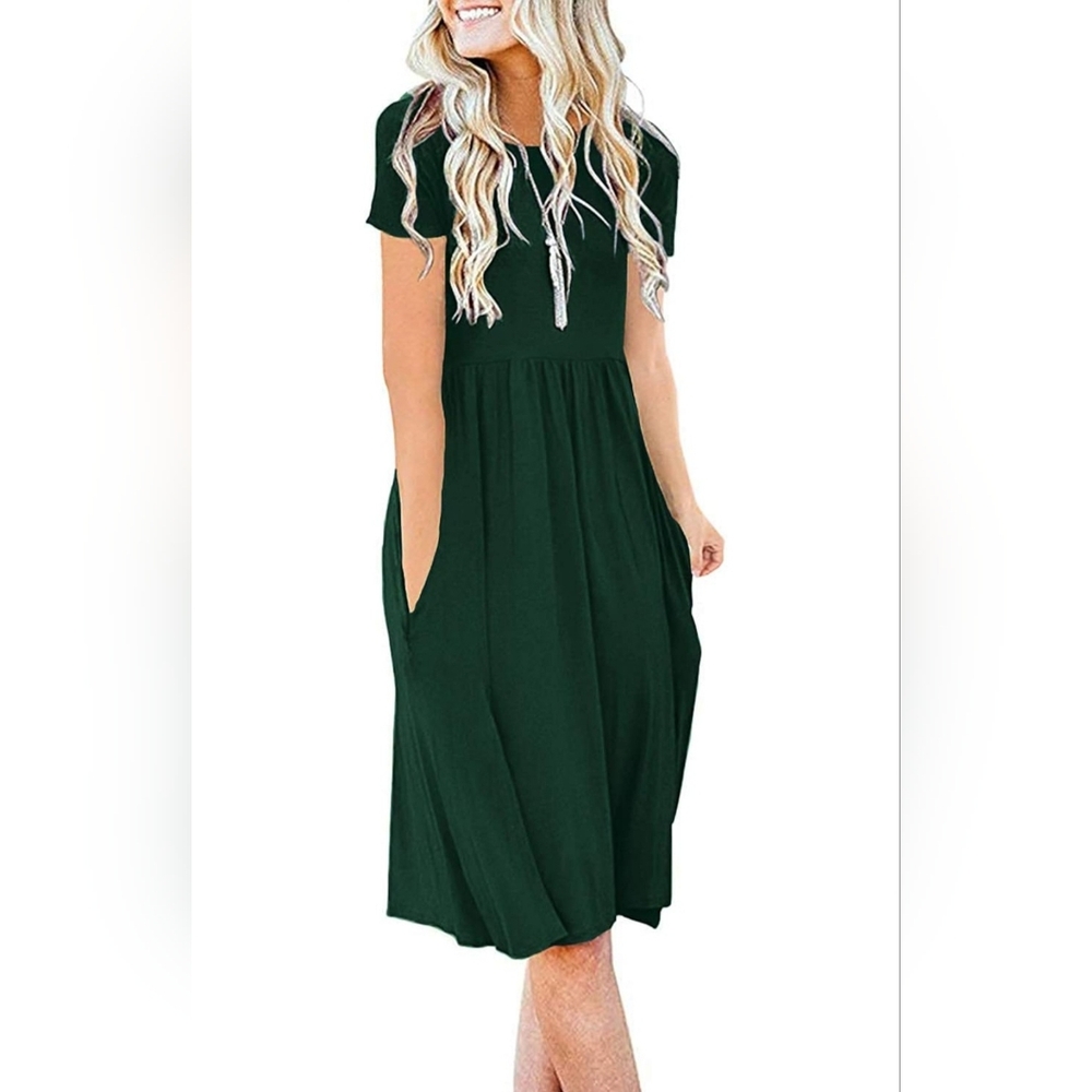 DB MOON Women Summer Casual Short Sleeve Dresses Empire Waist Dress with Pockets